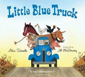 Cover of the picture book "Little Blue Truck" with farm animals riding on a truck