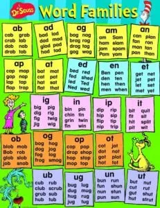 Dr. Seuss word families poster listing rhyming words like -ab, -at, -og and -ug