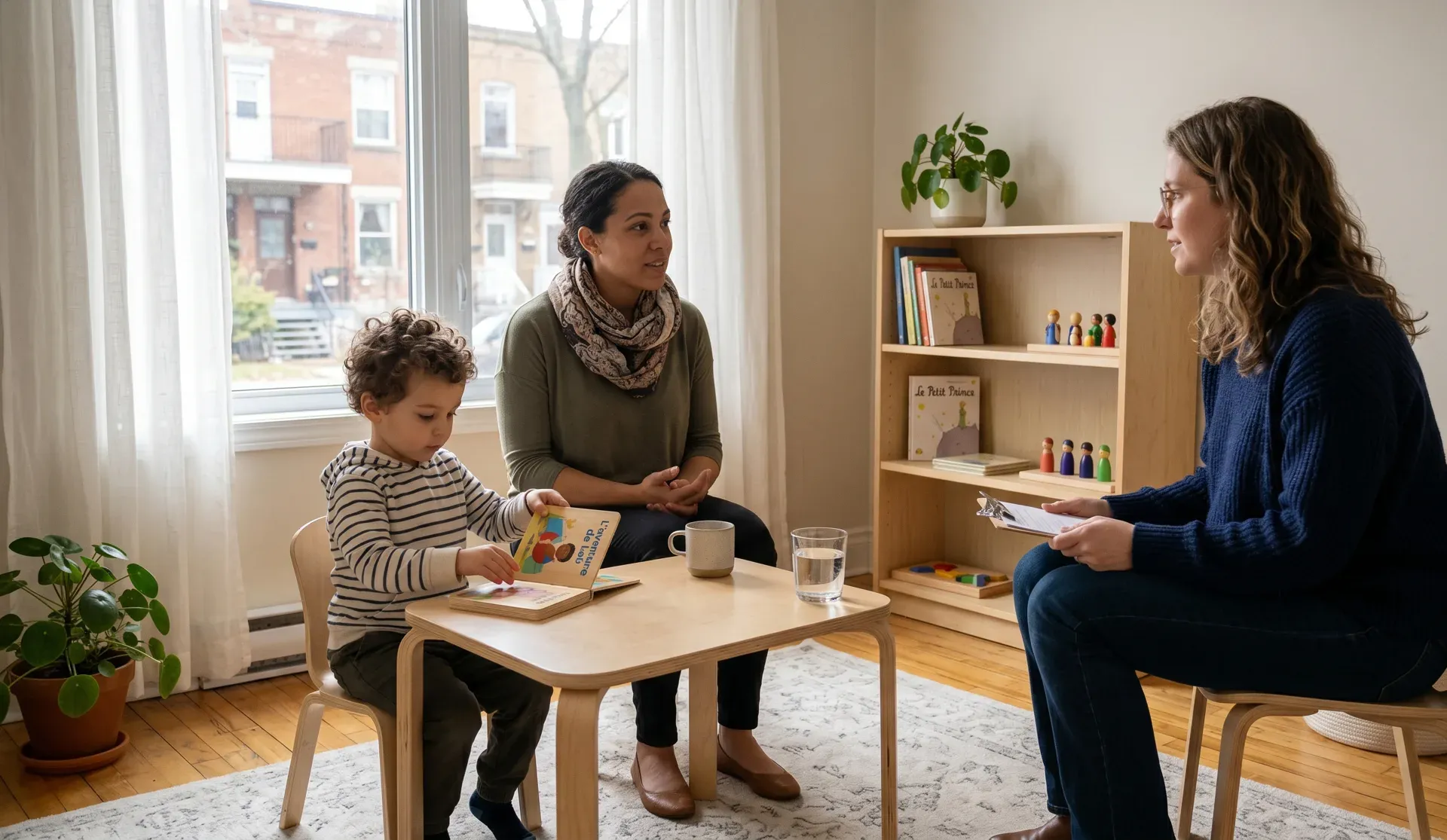 A clinician, a parent and a young child sitting together at a small table in a bright therapy room