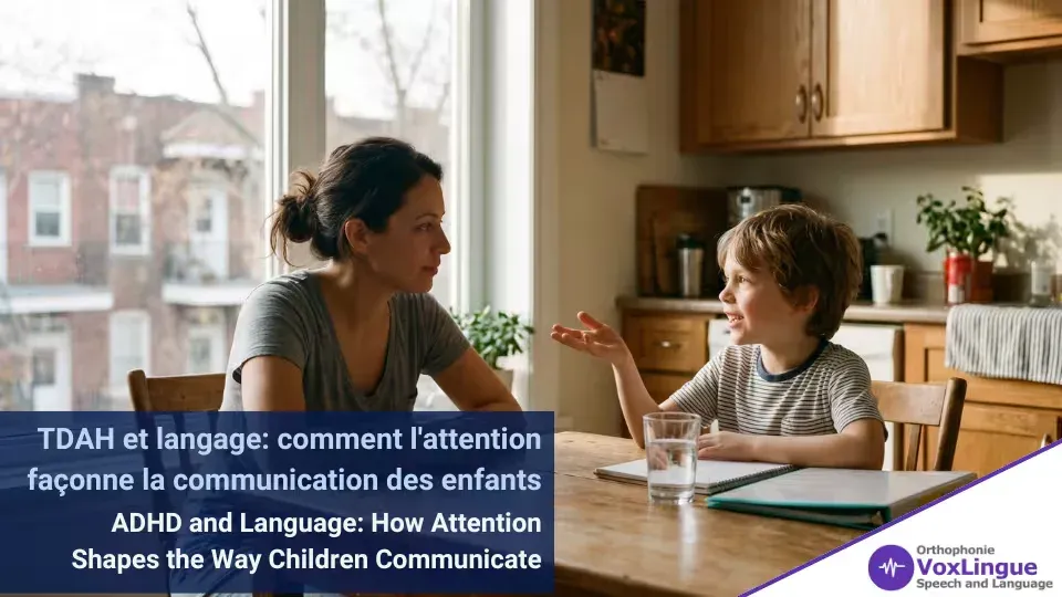Mother listening as her young son gestures and talks at a kitchen table beside an open notebook