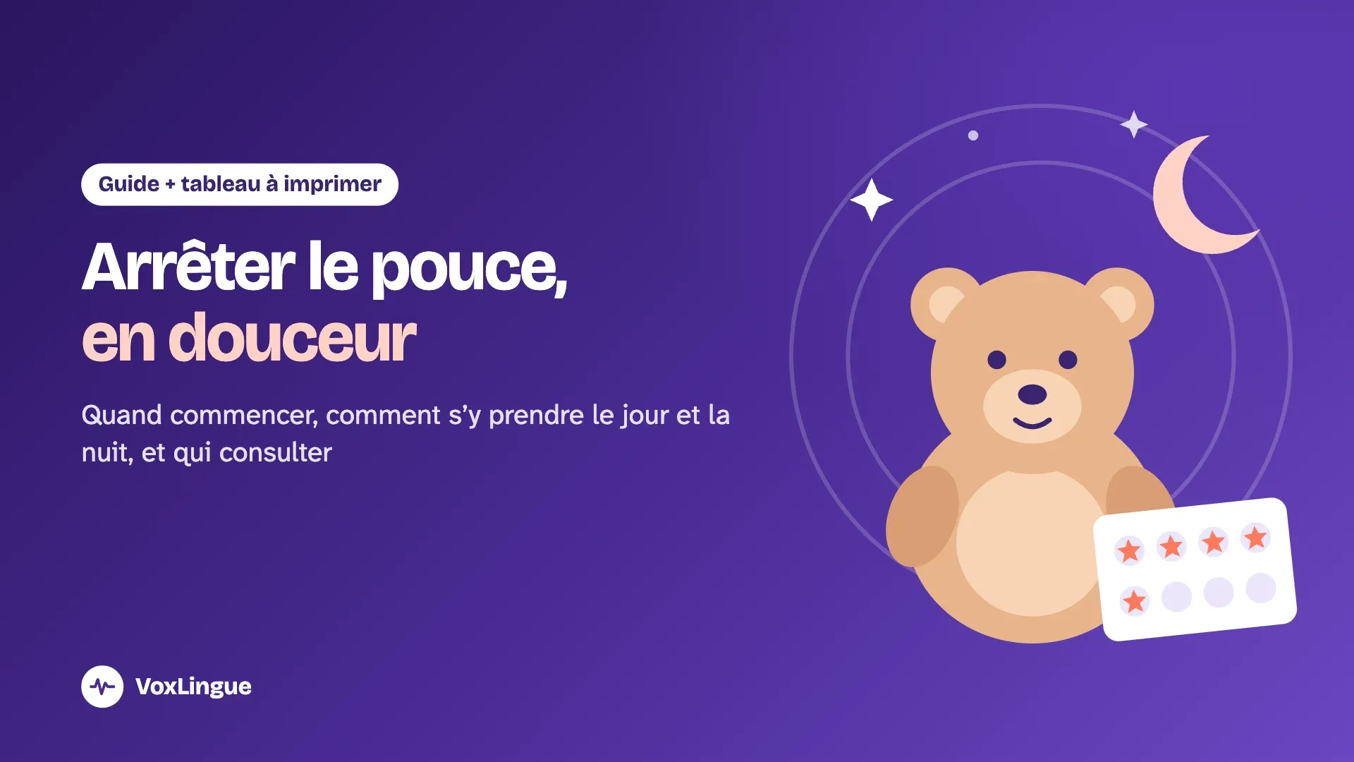 Illustration d'un toutou sous un croissant de lune, à côté d'un tableau d'étoiles, pour le guide sur l'arrêt de la succion du pouce