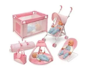 Baby doll set with crib, stroller, bouncer, play gym and bags