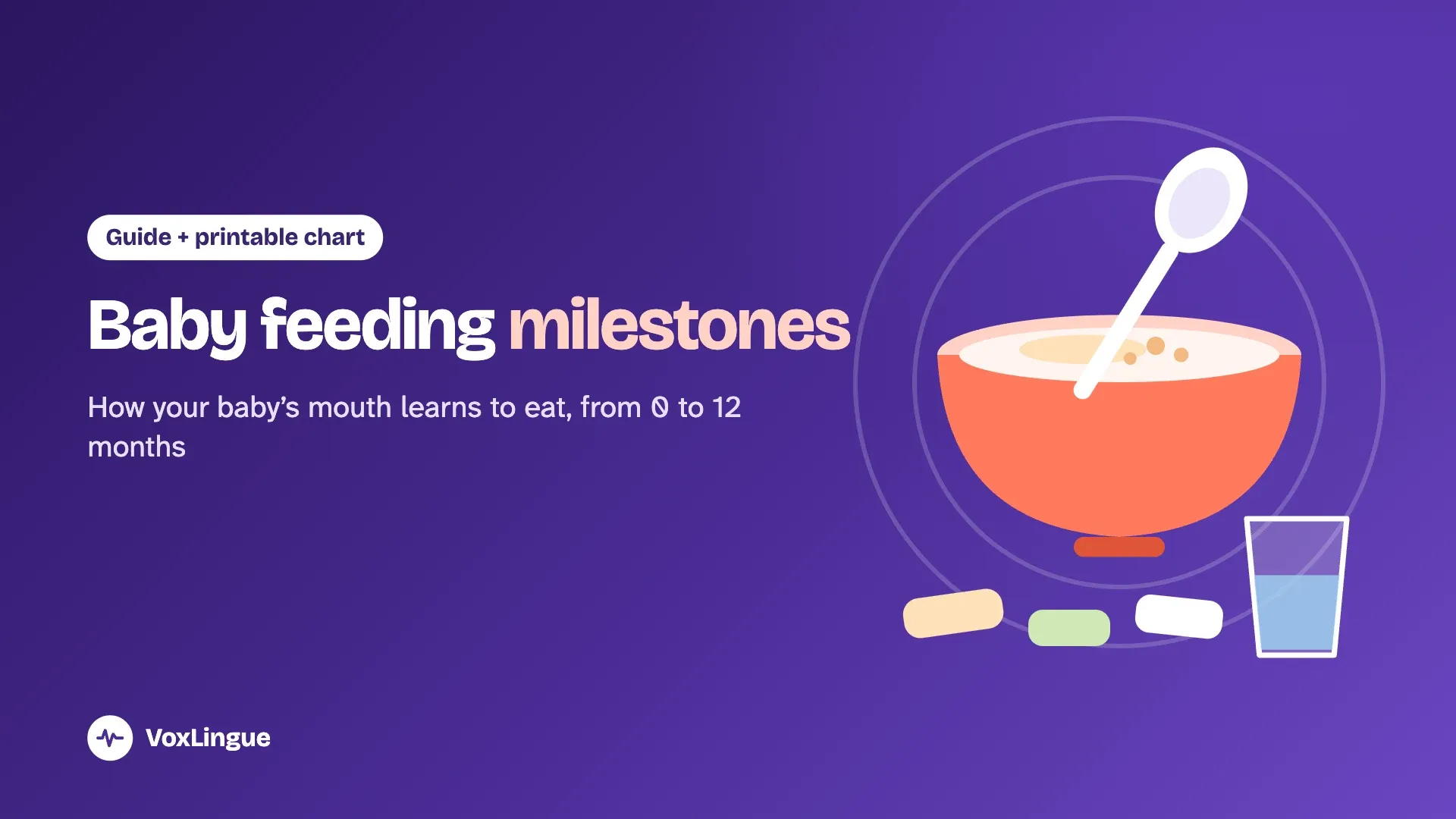 Illustration of a bowl of purée with a spoon, soft pieces of food and a small open cup, for the guide to baby feeding milestones from 0 to 12 months