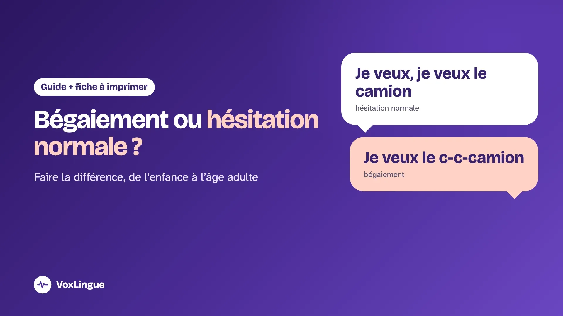 Deux bulles de dialogue : « Je veux, je veux le camion », une hésitation normale, et « Je veux le c-c-camion », un bégaiement