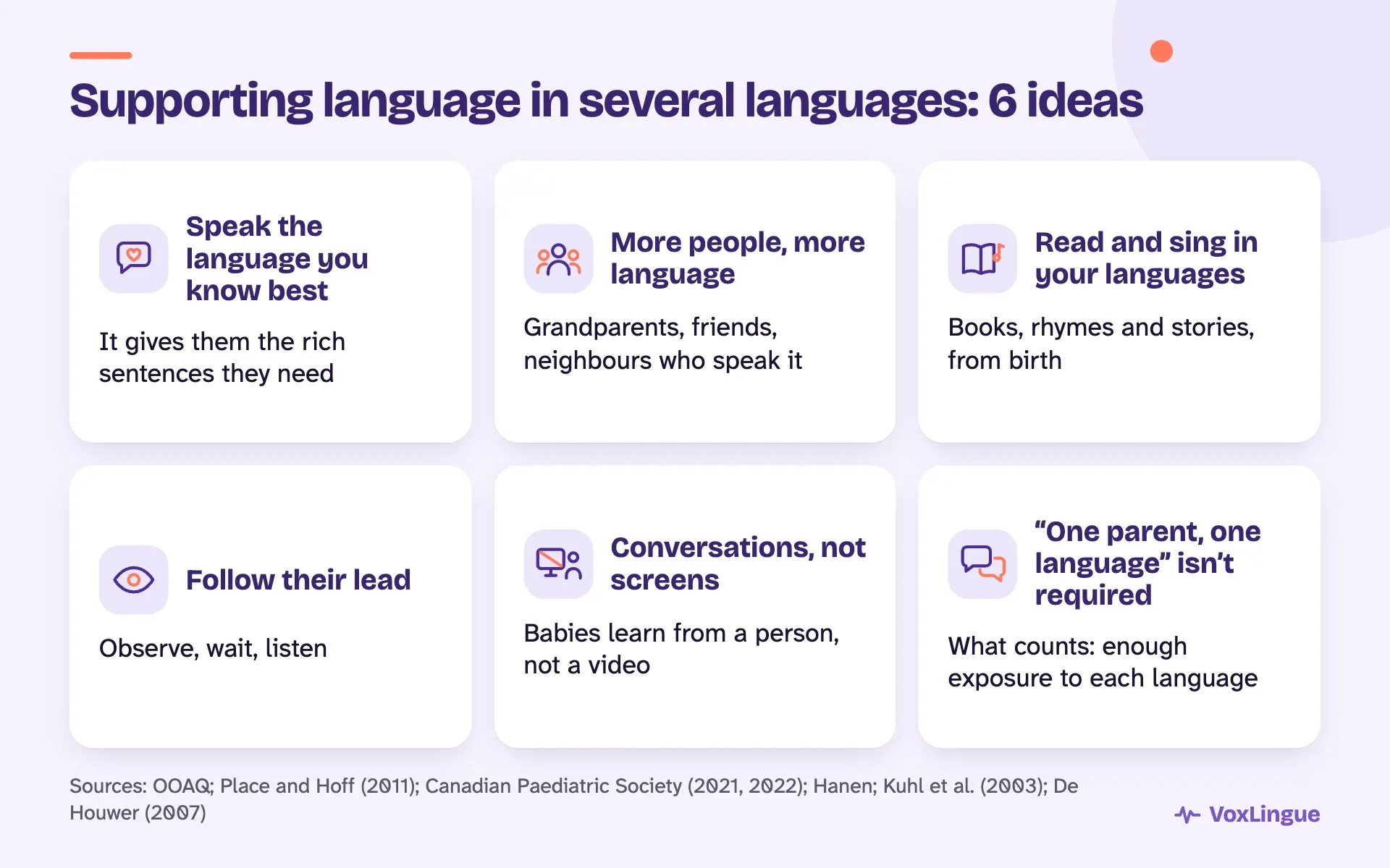 Six ideas to support several languages: your best language, more people, read and sing, follow their lead, conversations not screens.