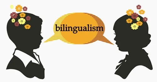 Illustration of two child silhouettes with flowers in their hair facing a shared speech bubble reading “bilingualism”