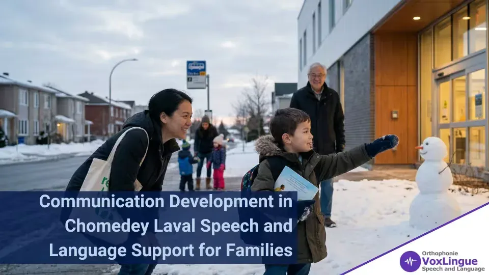 Mother and son pointing at a snowman outside a building on a snowy suburban street as neighbours walk by
