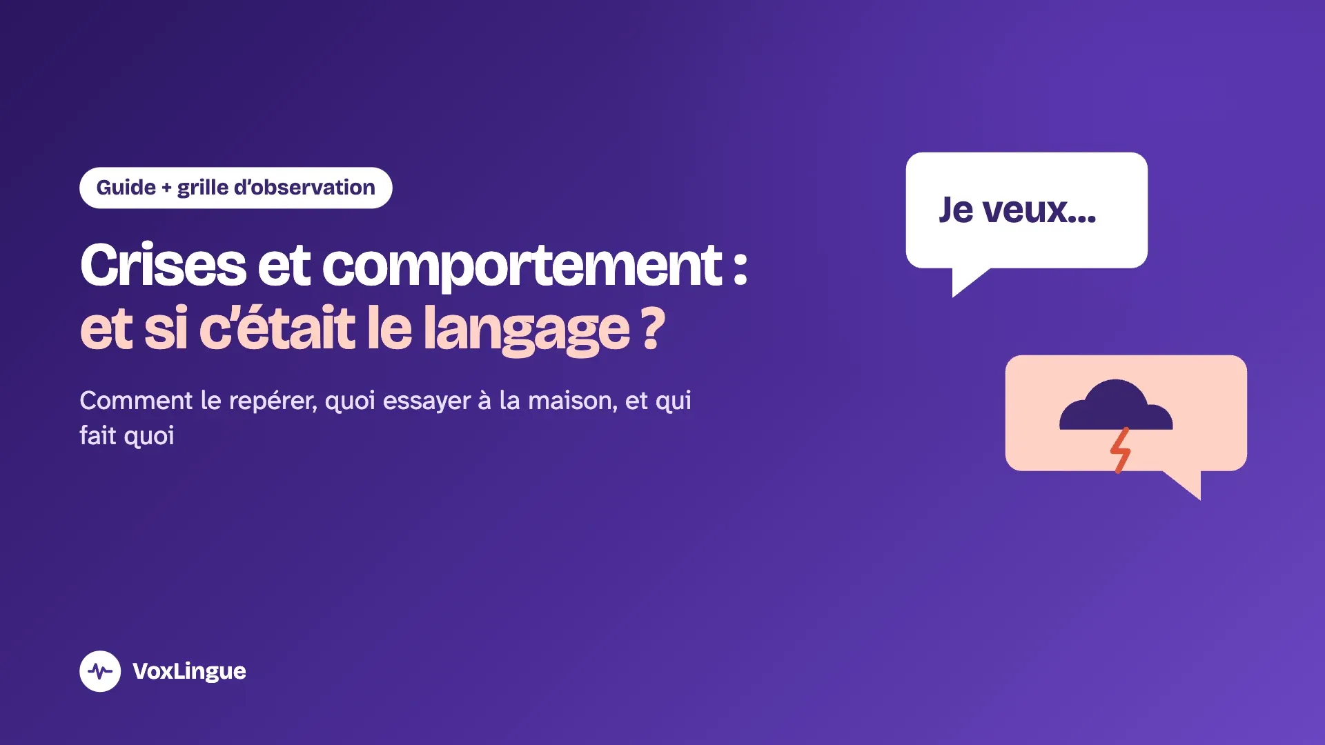 Deux bulles de dialogue : l'une commence « Je veux… » sans finir la phrase, l'autre montre un nuage d'orage, pour illustrer la frustration quand les mots manquent