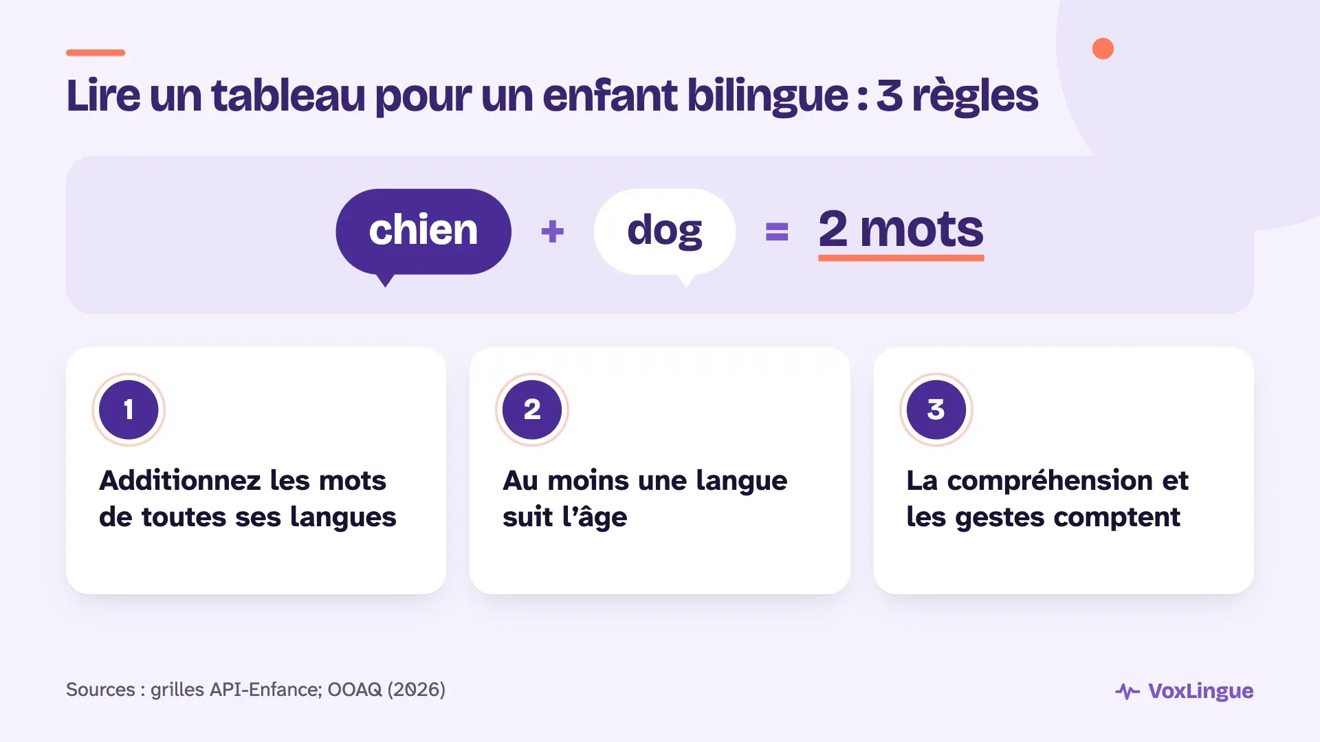 « chien + dog = 2 mots », puis 3 règles : additionnez toutes les langues, une langue suit l’âge, la compréhension et les gestes comptent.