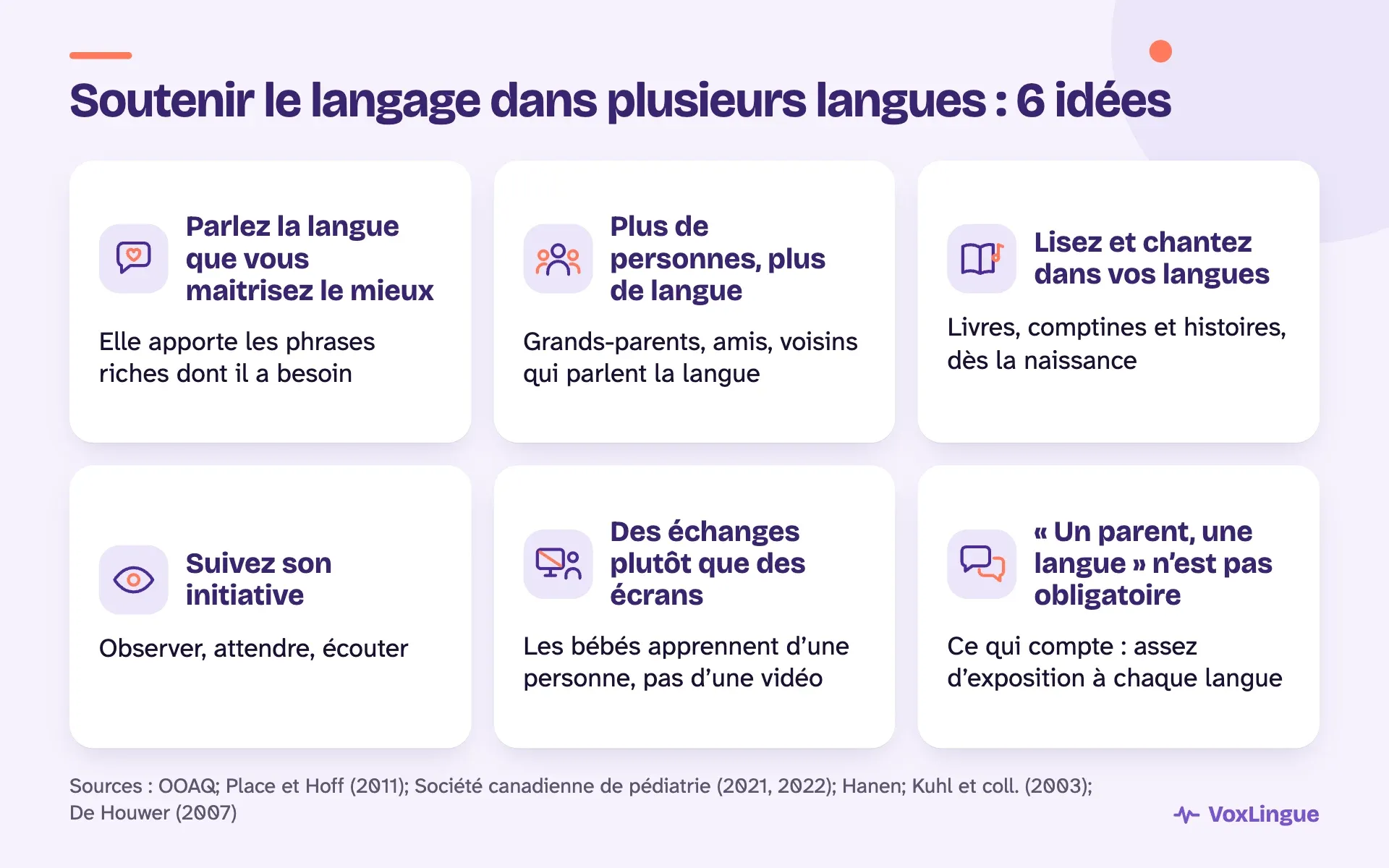 Six idées pour soutenir plusieurs langues : votre meilleure langue, plus de personnes, lire et chanter, suivre l’enfant, moins d’écrans.