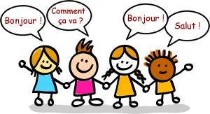 Cartoon children holding hands saying “Bonjour!”, “Comment ça va?” and “Salut!”