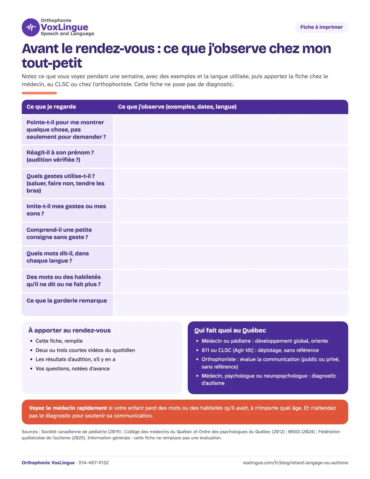 Aperçu de la fiche à imprimer « Avant le rendez-vous : ce que j’observe chez mon tout-petit », avec des espaces pour noter le pointage, le prénom, les gestes, les mots dans chaque langue et ce que la garderie remarque