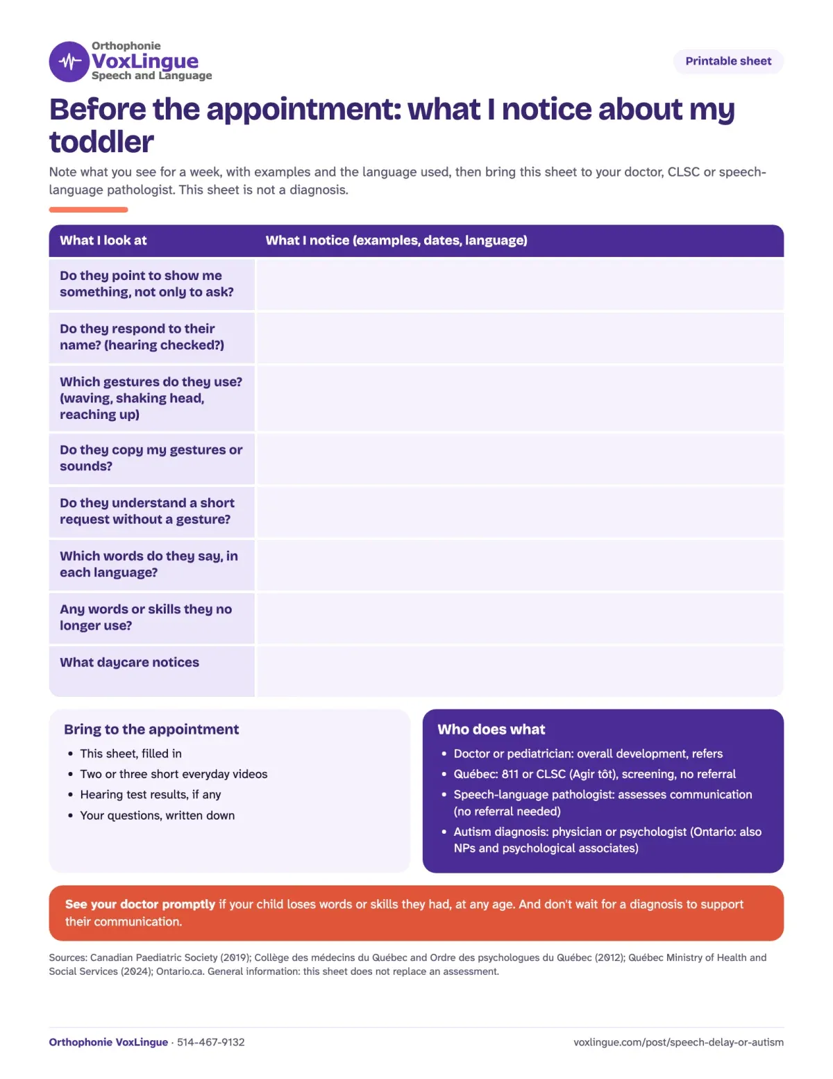 Preview of the printable “Before the appointment: what I notice about my toddler”, with space to note pointing, name, gestures, words in each language and what daycare notices
