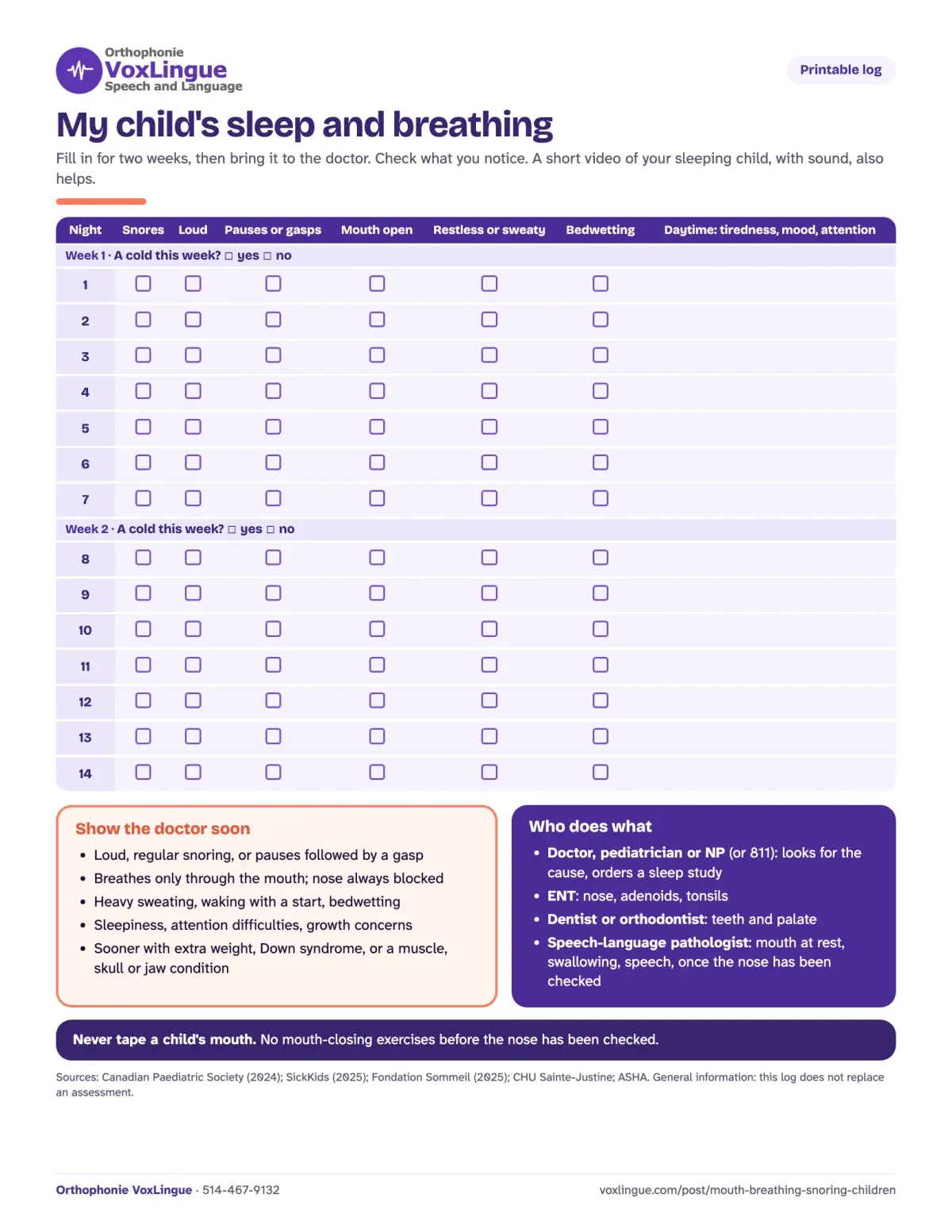 Preview of the printable log “My child’s sleep and breathing”, with a two-week chart, the signs to show the doctor and who does what