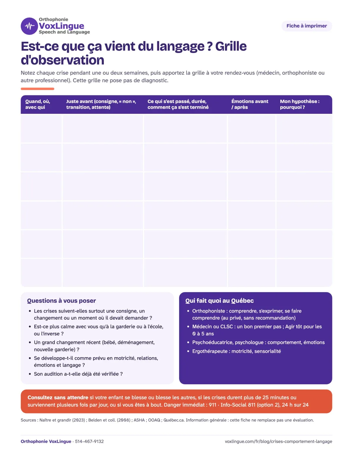 Aperçu de la fiche à imprimer « Est-ce que ça vient du langage ? Grille d’observation », avec une grille pour noter chaque crise, des questions à se poser et qui fait quoi au Québec