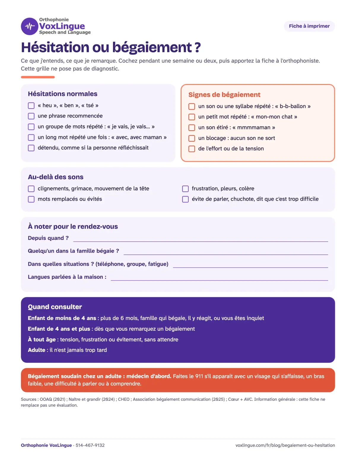 Aperçu de la fiche à imprimer « Hésitation ou bégaiement ? », avec une grille des hésitations normales et des signes de bégaiement, des notes pour le rendez-vous et les repères pour consulter