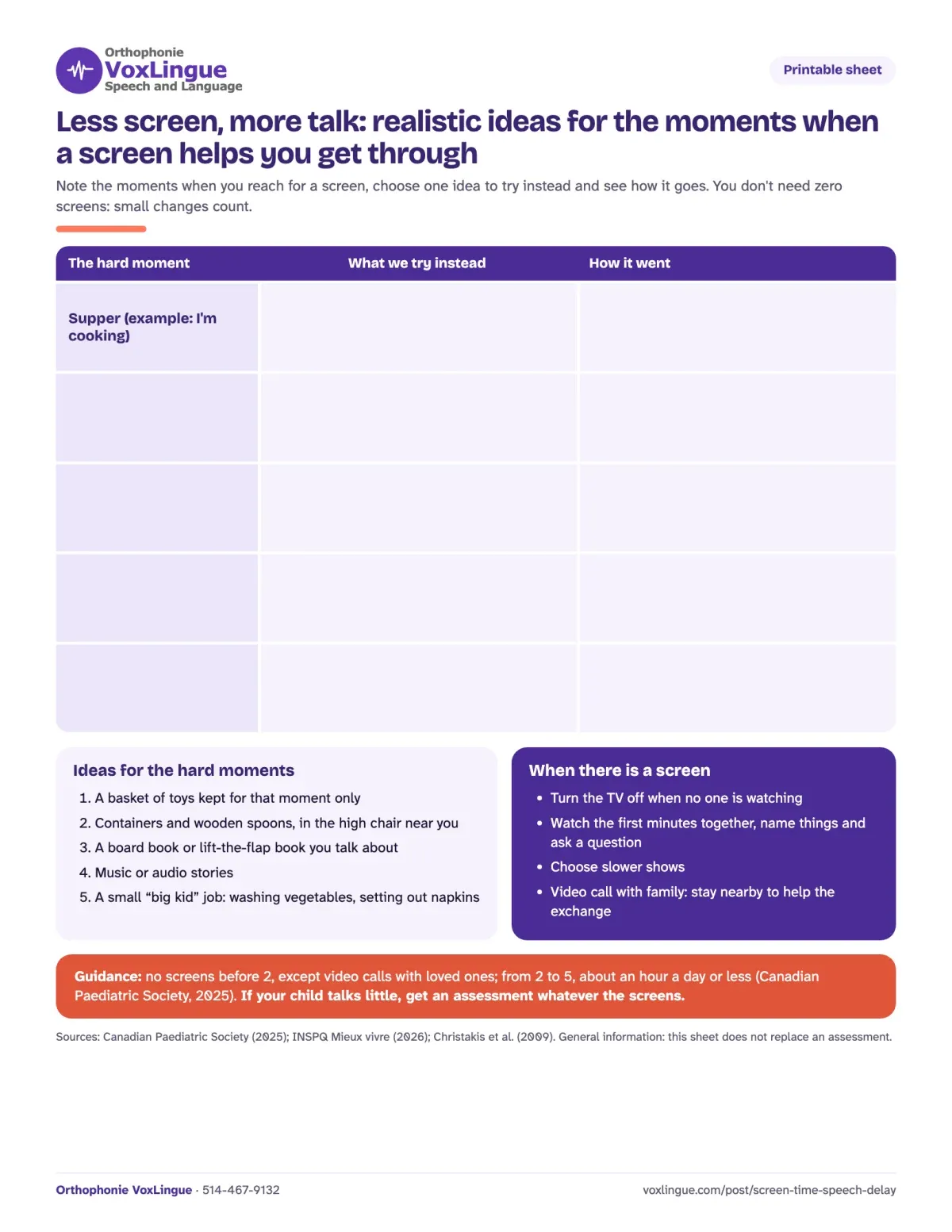 Preview of the printable “Less screen, more talk: realistic ideas for the moments when a screen helps you get through”, with a table to plan the hard moments, ideas and guidance
