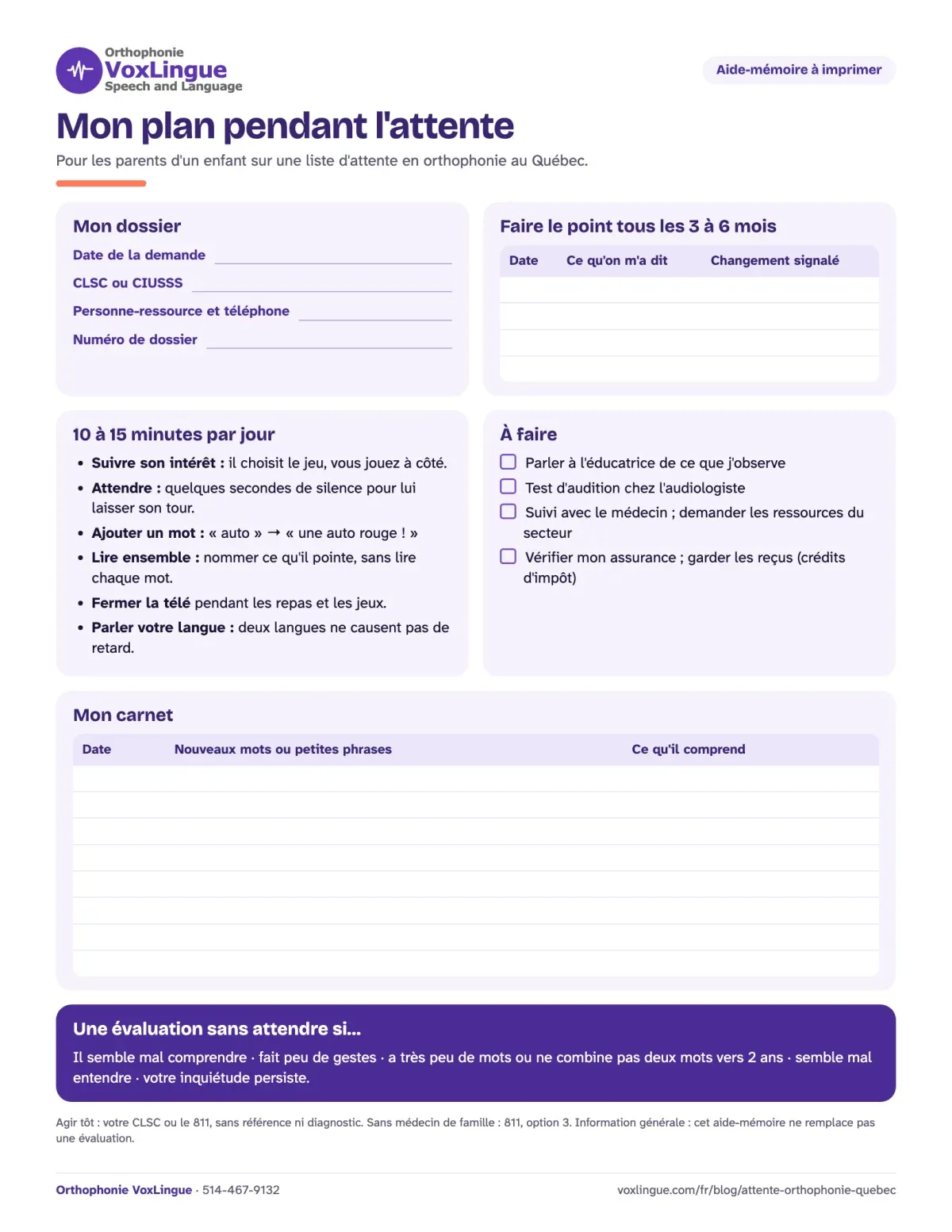 Aperçu de l’aide-mémoire à imprimer « Mon plan pendant l’attente », avec le suivi du dossier, les stratégies de jeu, une liste de choses à faire et un carnet de mots