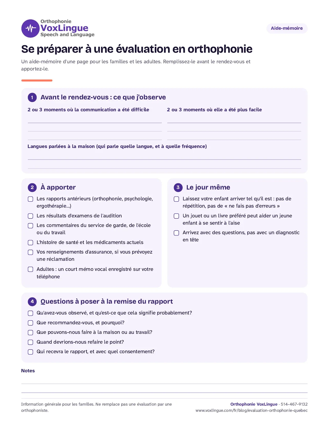 Aperçu de l’aide-mémoire à imprimer « Se préparer à une évaluation en orthophonie », avec des espaces pour noter ses observations, ce qu’il faut apporter et les questions à poser