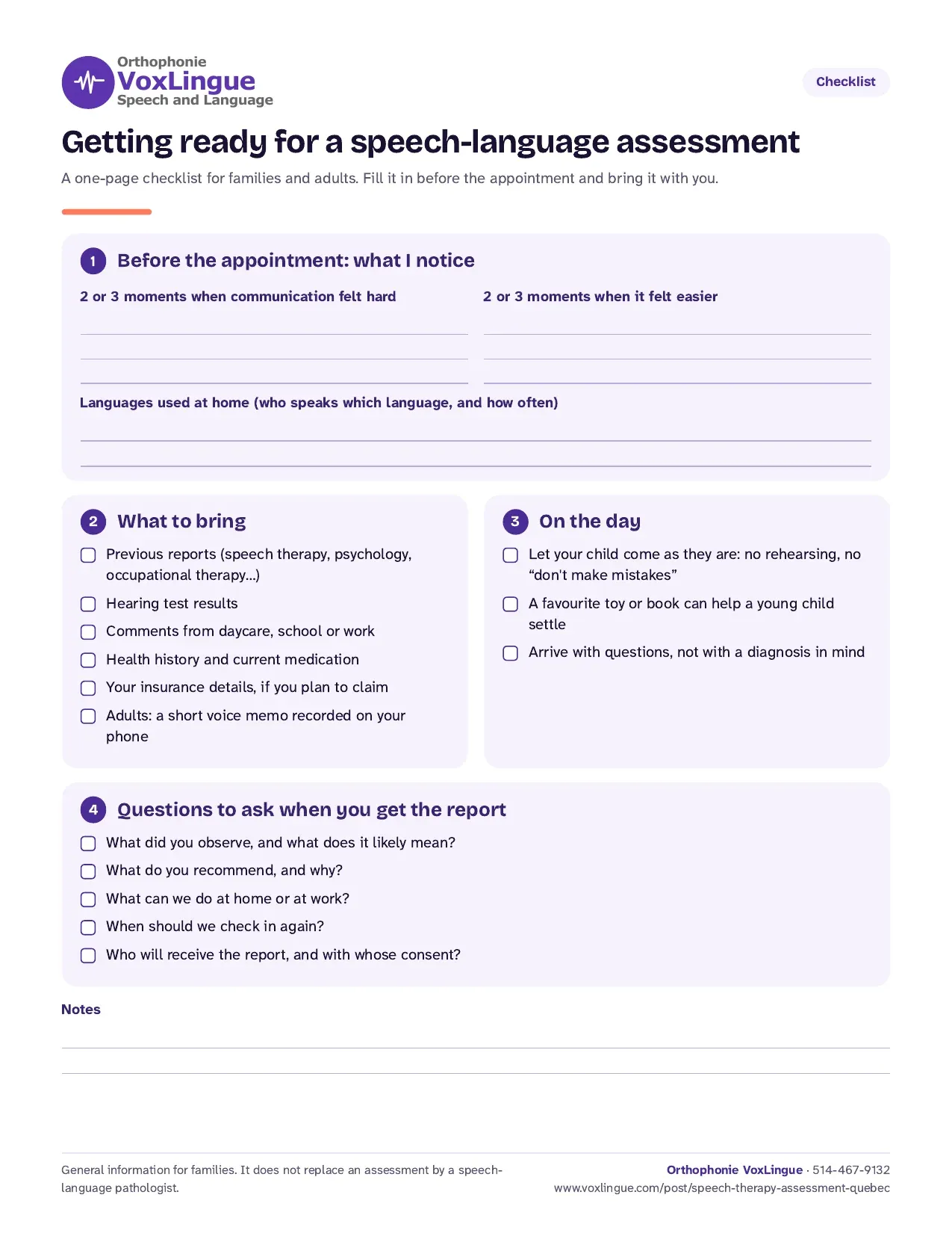 Preview of the printable checklist “Getting ready for a speech-language assessment”, with spaces to note observations, what to bring and questions to ask