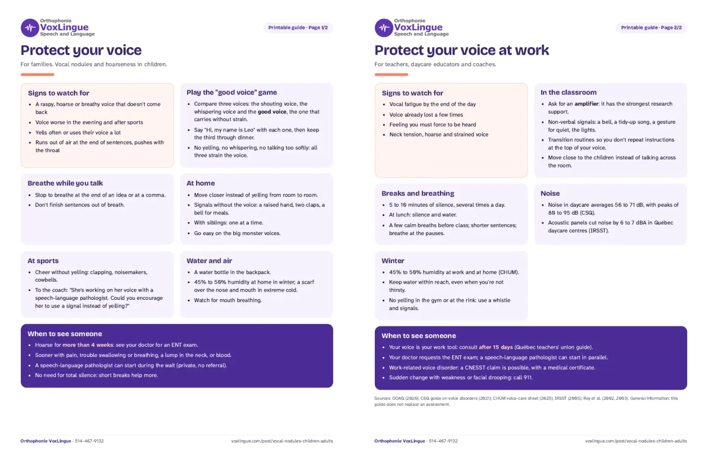 Preview of the printable guide “Protect your voice”, with one page for families and one page for schools and daycares