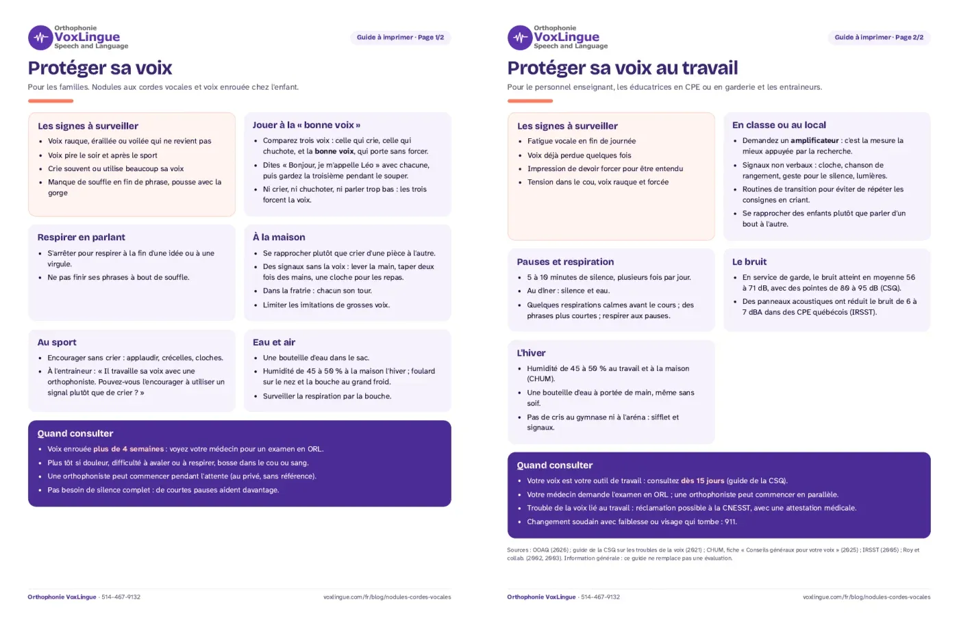 Aperçu du guide à imprimer « Protéger sa voix », avec une page pour les familles et une page pour les écoles et les CPE