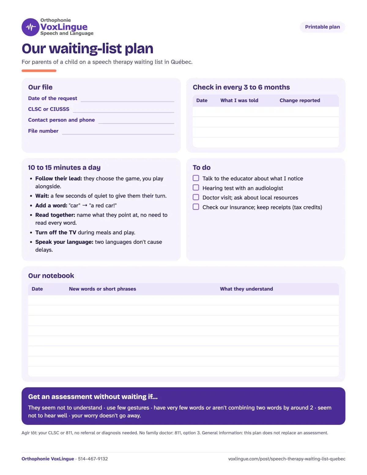 Preview of the printable “Our waiting-list plan”, with a file tracker, play strategies, a to-do list and a word notebook