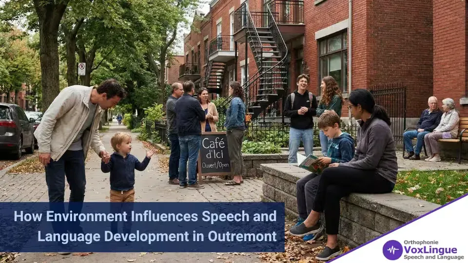 Neighbours chatting on a leafy street of brick homes with outdoor staircases as a father walks with his toddler