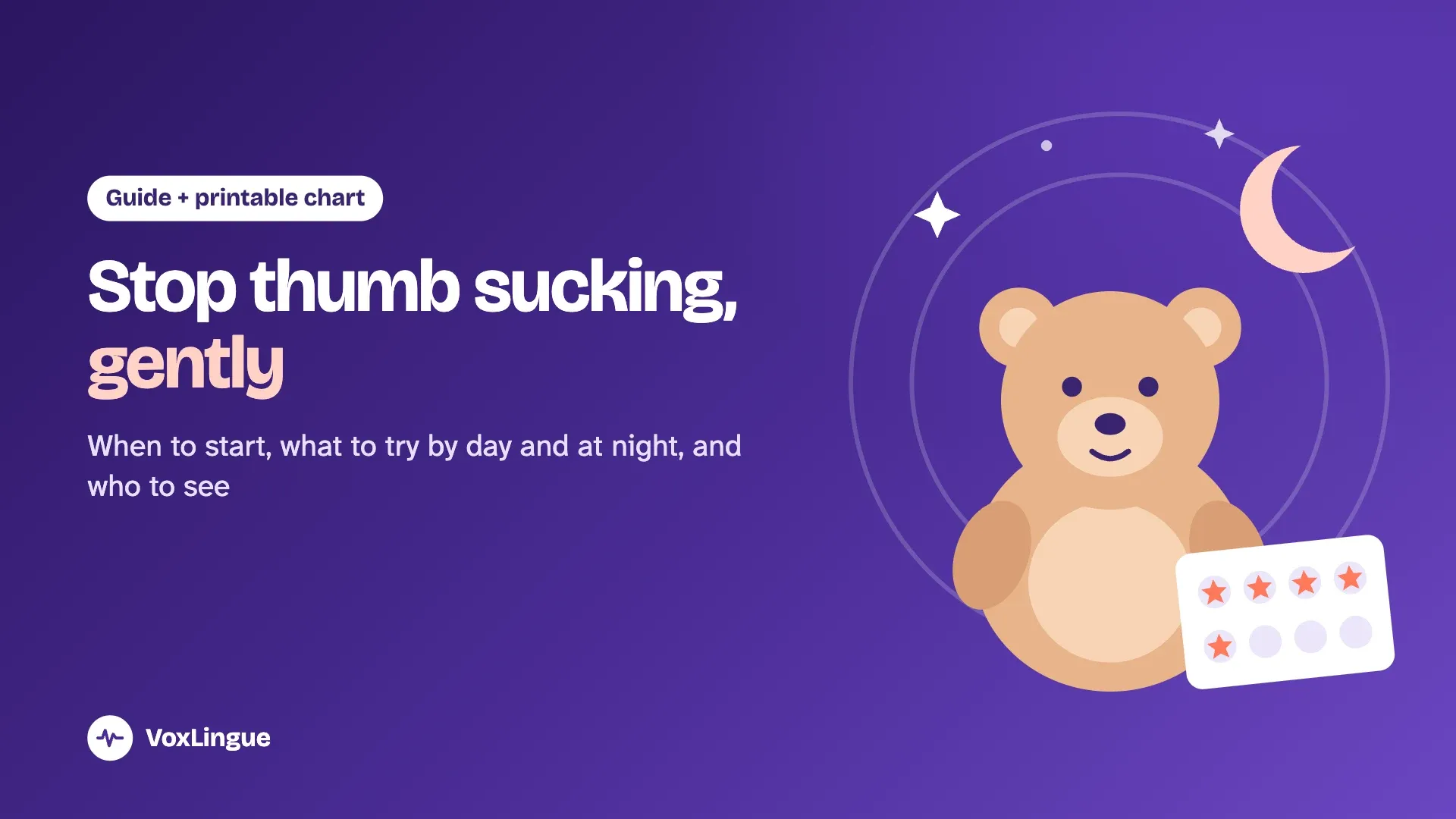 Illustration of a stuffed bear under a crescent moon next to a star chart, for the guide on how to stop thumb sucking