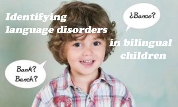 Smiling curly-haired boy between speech bubbles reading “Bank? Bench?” and “¿Banco?”