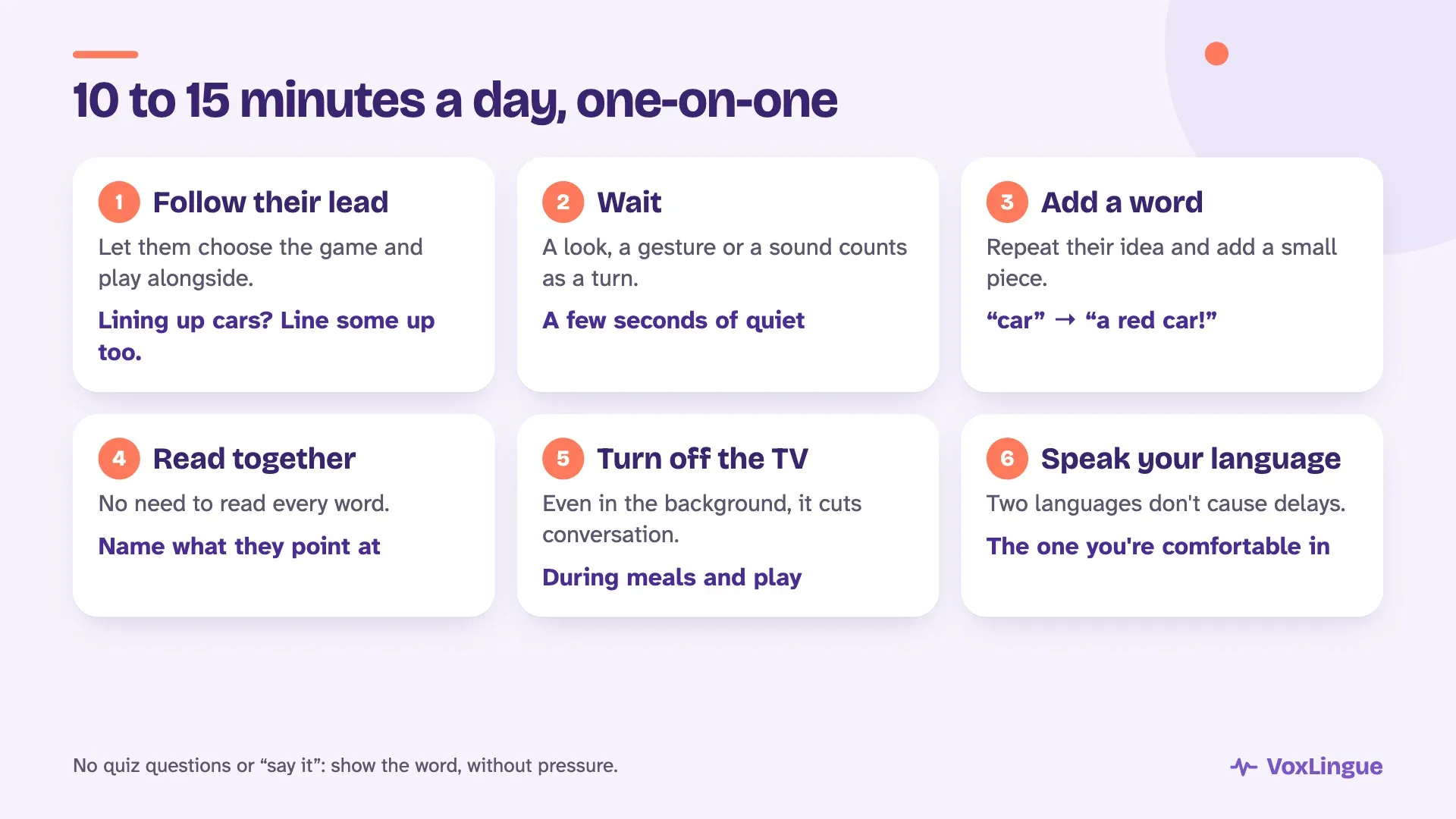 Six strategies for 10 to 15 minutes of play a day: follow their lead, wait, add a word, read together, turn off the TV and speak your language