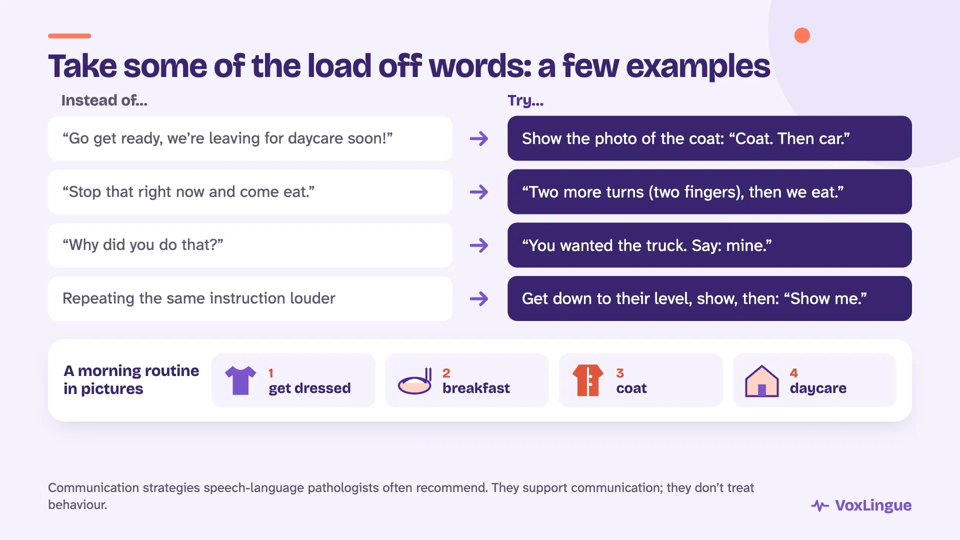 “Instead of… / Try…” examples to take the load off words, and a morning routine in pictures: get dressed, breakfast, coat, daycare