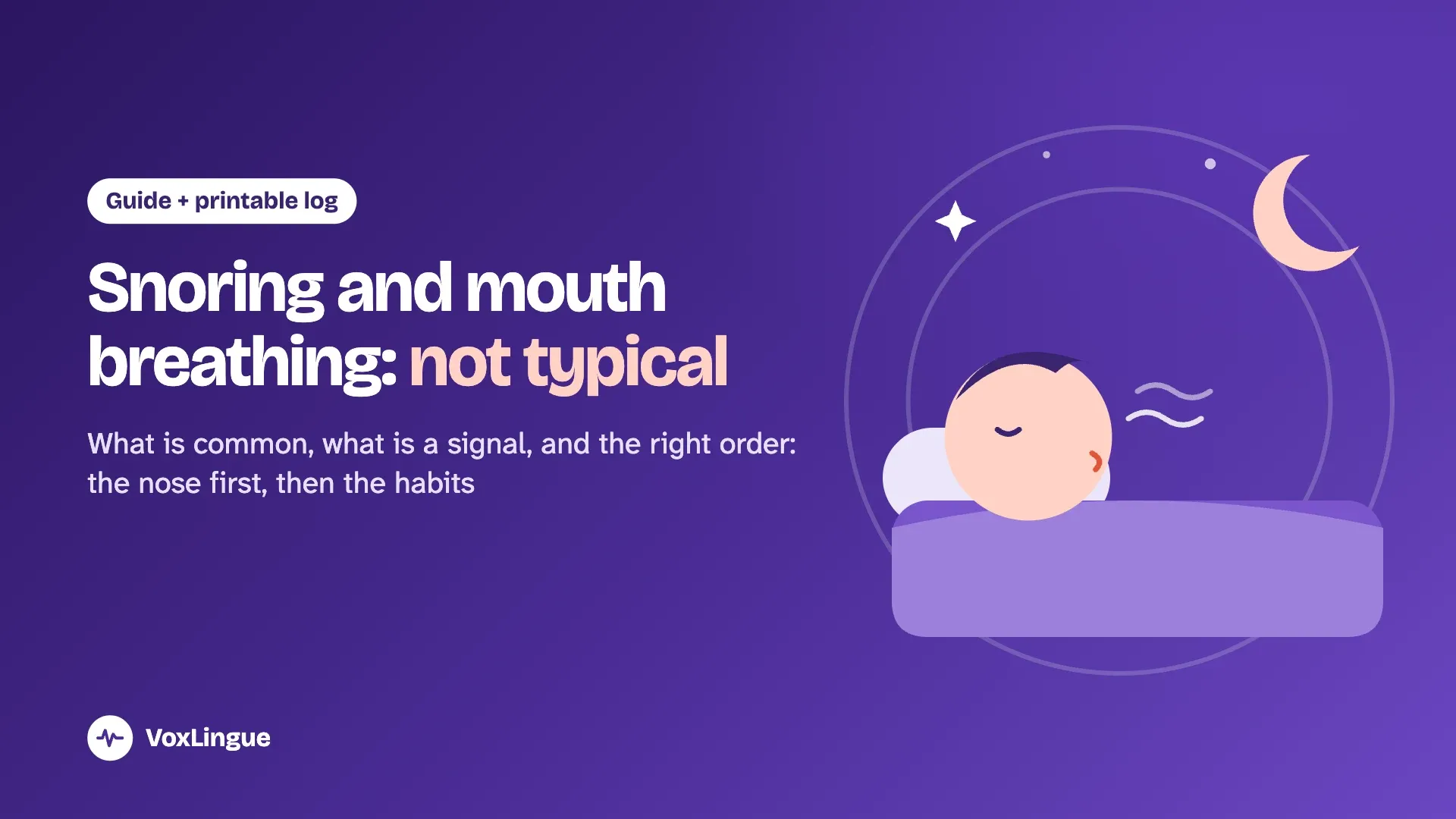 Illustration of a child sleeping peacefully under a crescent moon, breathing calmly, for the guide on mouth breathing and snoring in children