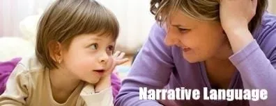 Young girl and a smiling woman lying face to face, chins in hands, chatting with the caption Narrative Language