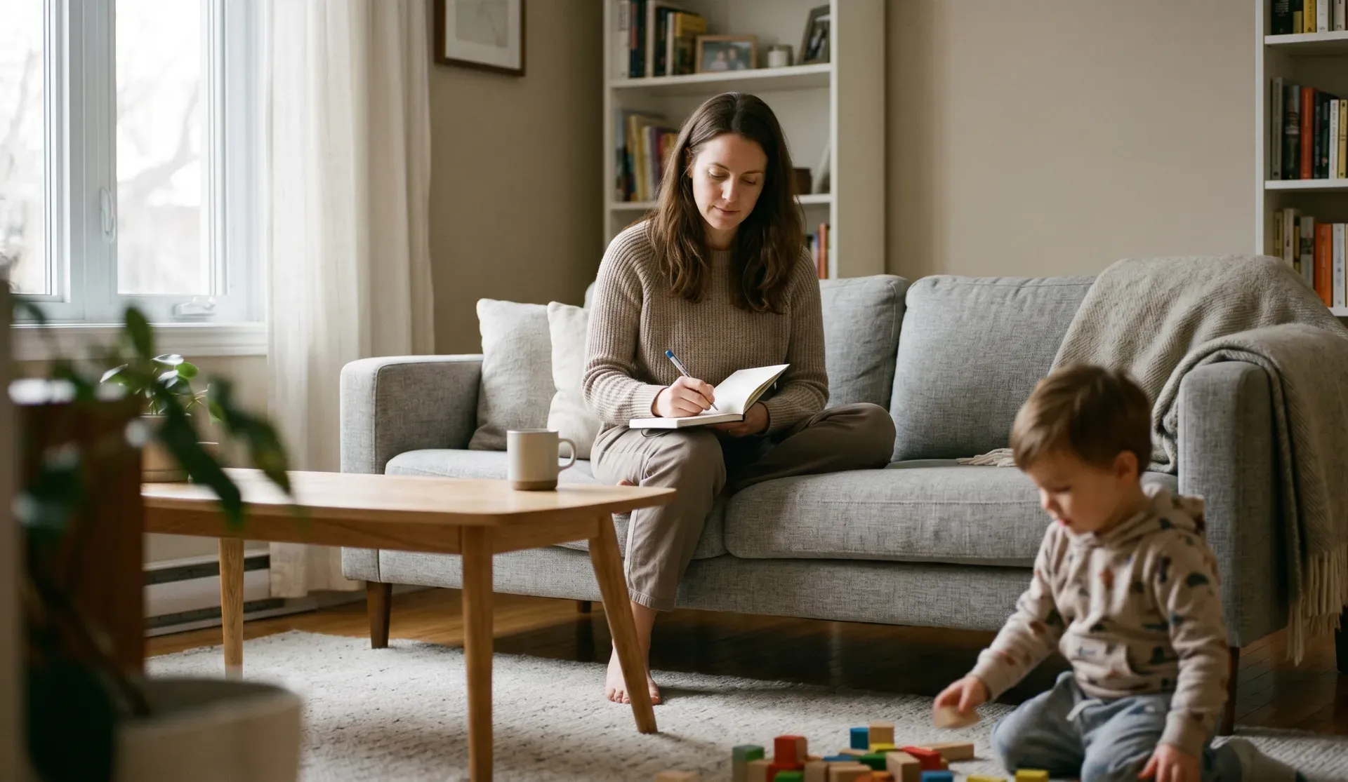A parent on a sofa writing in a notebook while a toddler plays with blocks nearby