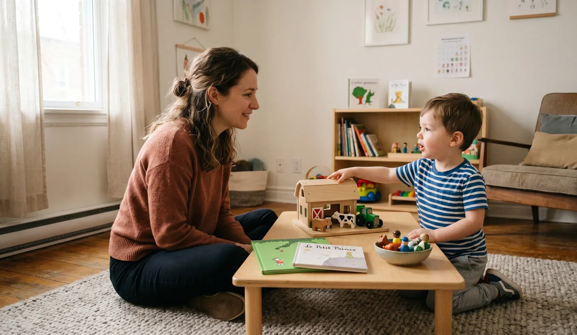 A clinician sitting on the floor playing with a toddler at a low table with books and toys
