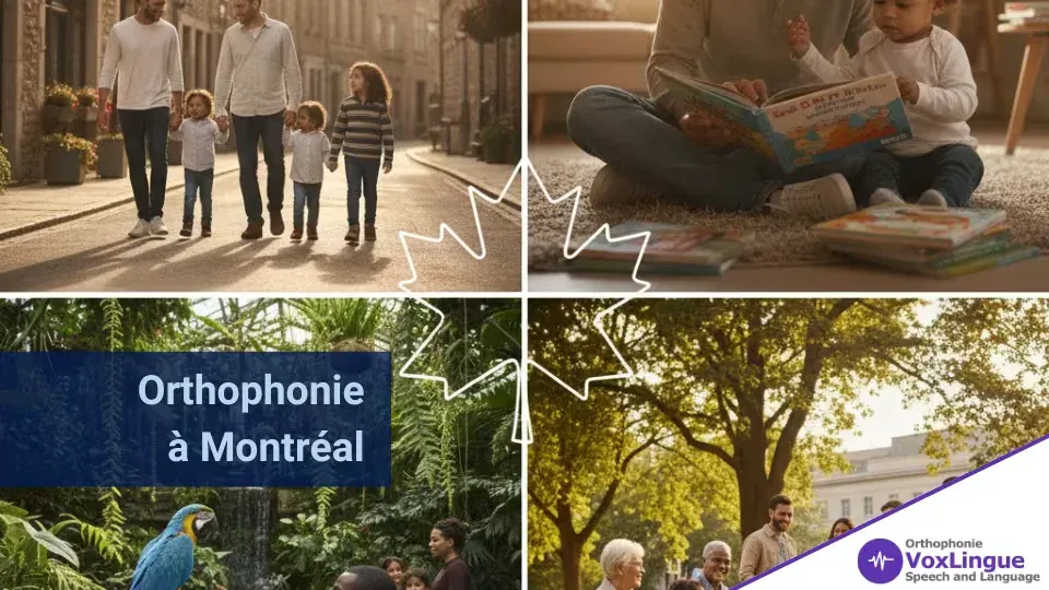 Collage de familles montréalaises : parents et enfants dans une rue, lecture d’un livre, au jardin botanique et au parc
