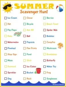 Summer scavenger hunt checklist with items like ice cream, bicycle, frog and sunglasses