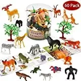 Set of 60 toy jungle animal figures with trees
