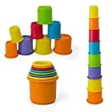 Colorful stacking and nesting cups shown nested and stacked into a tower
