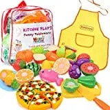 Pretend kitchen play set with cut-apart toy fruit, pizza and an apron