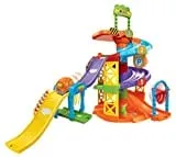 Toy car parking garage with spiral ramps and slide