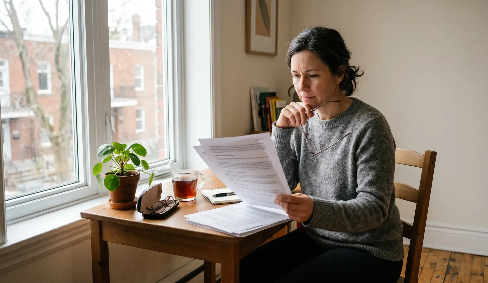 A parent reading a printed report at a kitchen table by a window