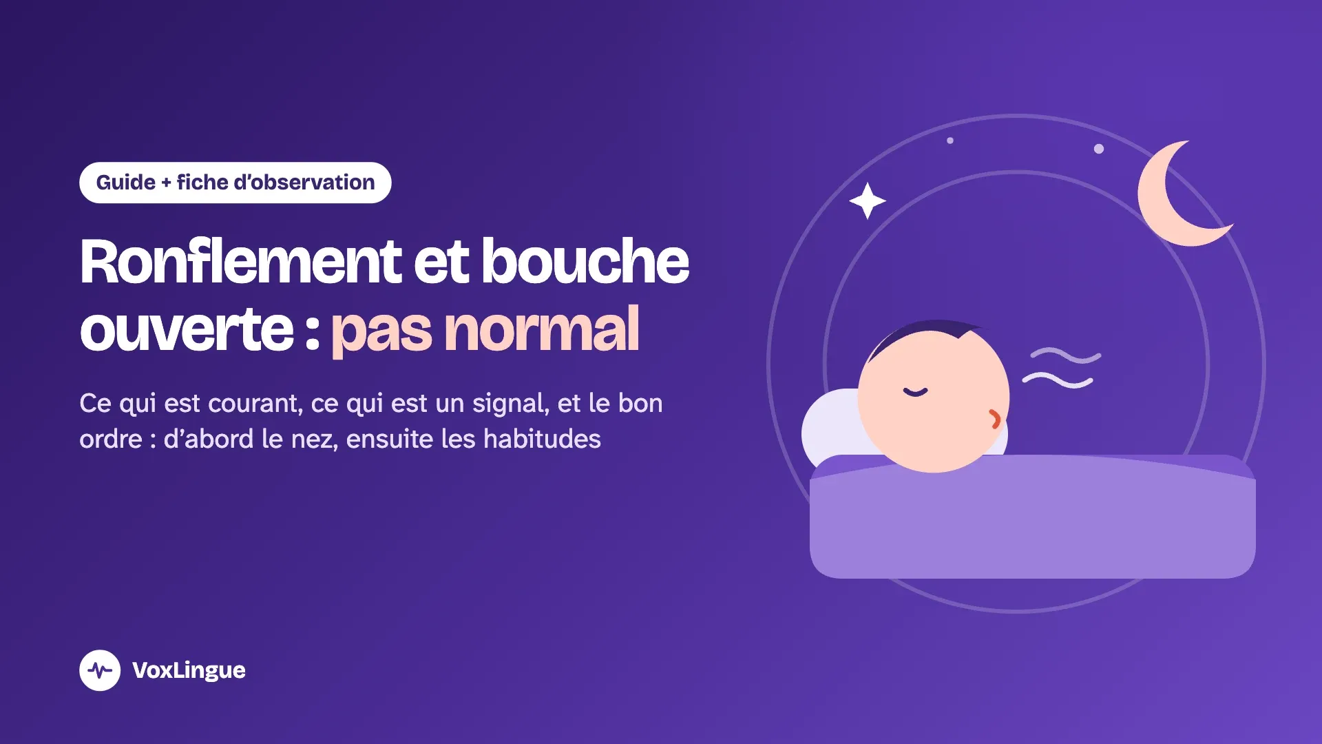 Illustration d'un enfant qui dort paisiblement sous un croissant de lune, la respiration calme, pour le guide sur la respiration buccale et le ronflement