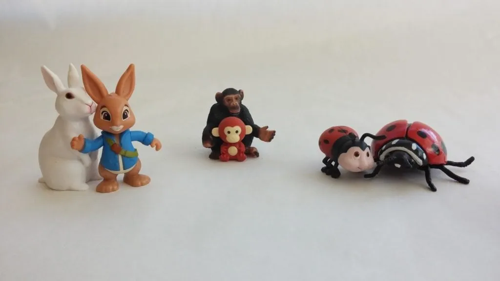 Pairs of toy rabbits, monkeys and ladybugs in big and little sizes for comparing size