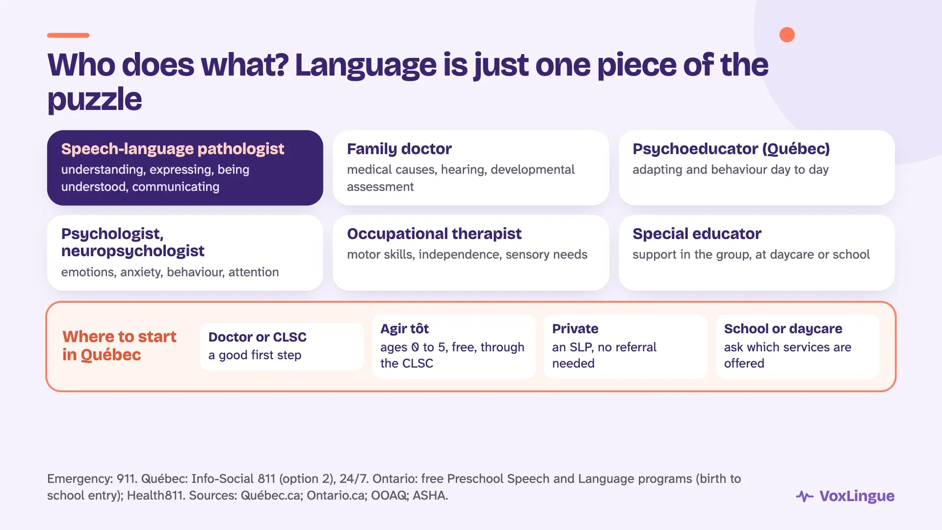 Who does what: speech-language pathologist, doctor, psychoeducator, psychologist, occupational therapist, special educator, and where to start in Québec