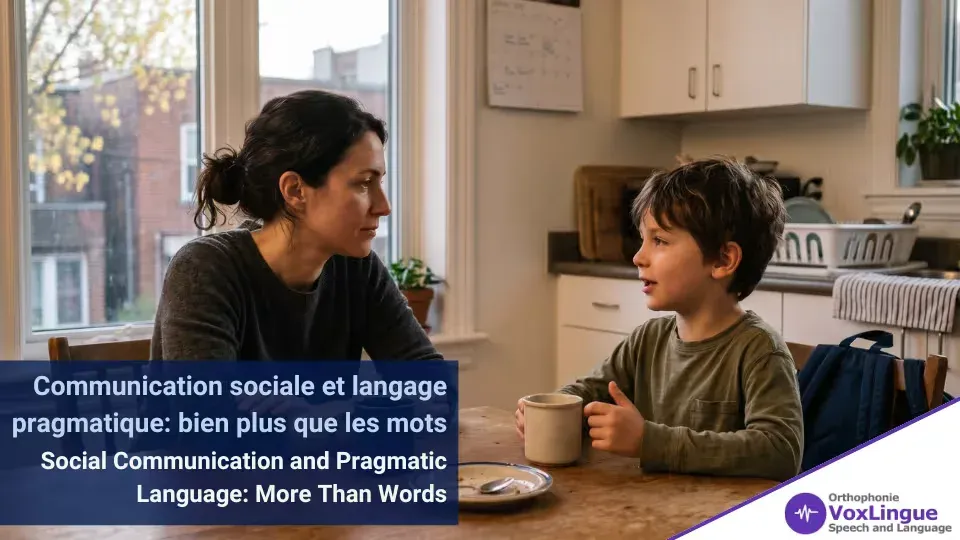 Mother and son in conversation at a kitchen table, the boy holding a mug and gesturing as he talks