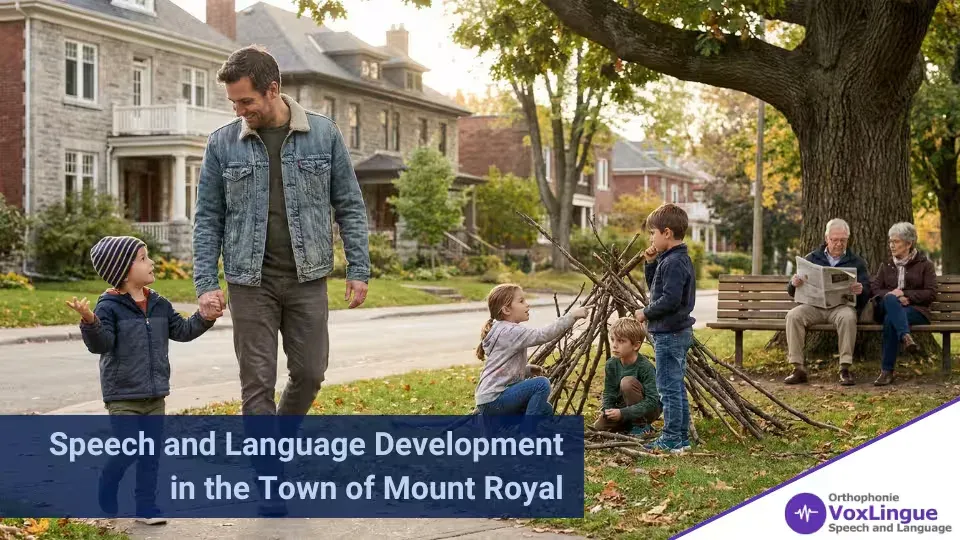 Father walking hand in hand with a toddler past children building a stick teepee and seniors reading on a bench