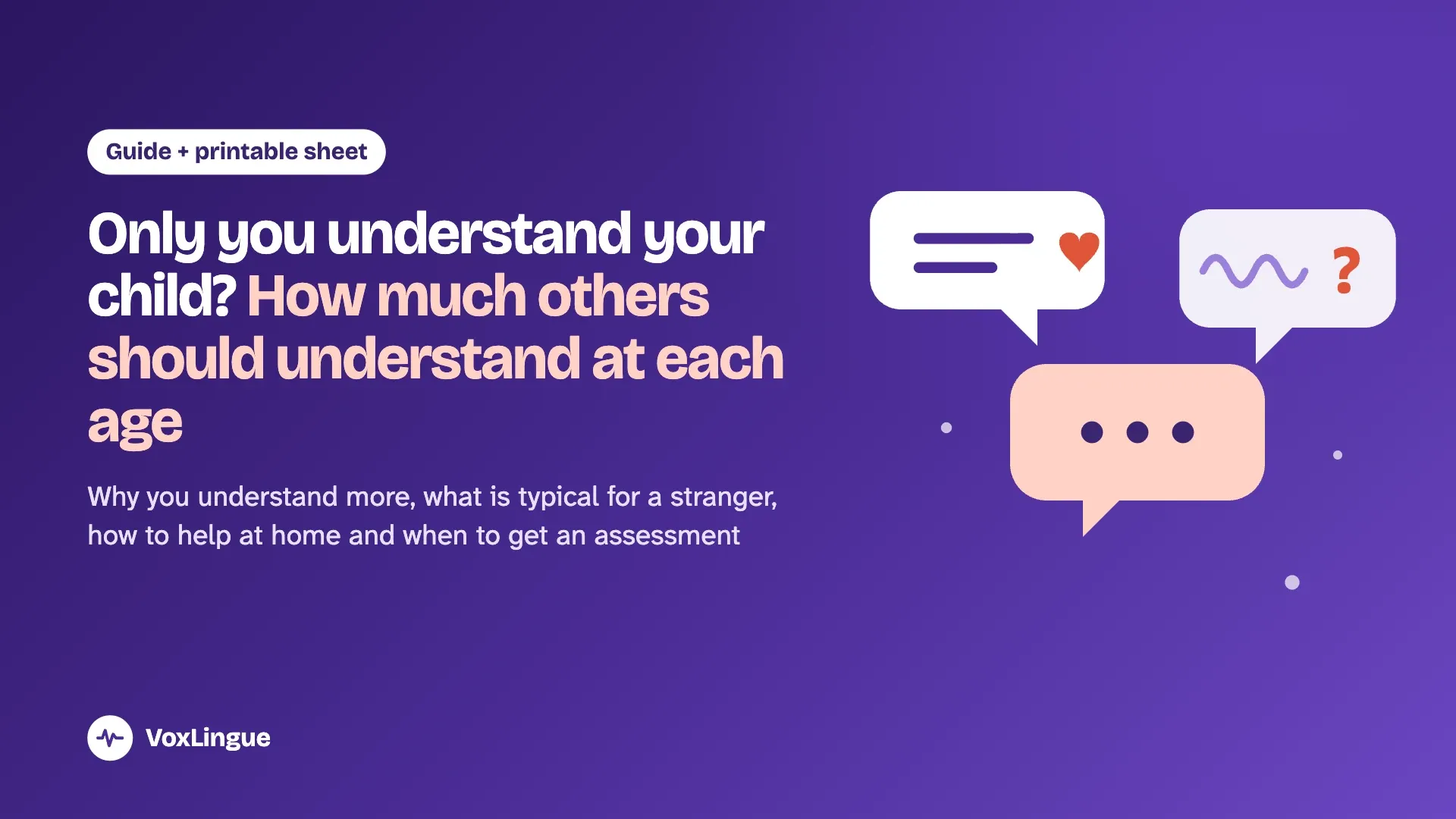 Three speech bubbles: the child's, the parent's, clear, and a stranger's, a scribble and a question mark, illustrating speech intelligibility: a child understood at home but not by others