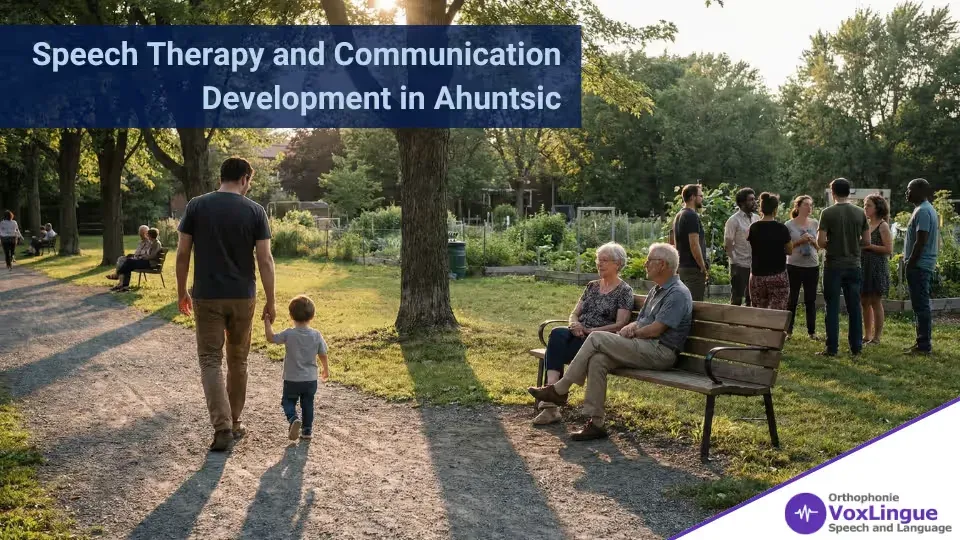 Father and toddler walking hand in hand along a park path past seniors on a bench and neighbours chatting